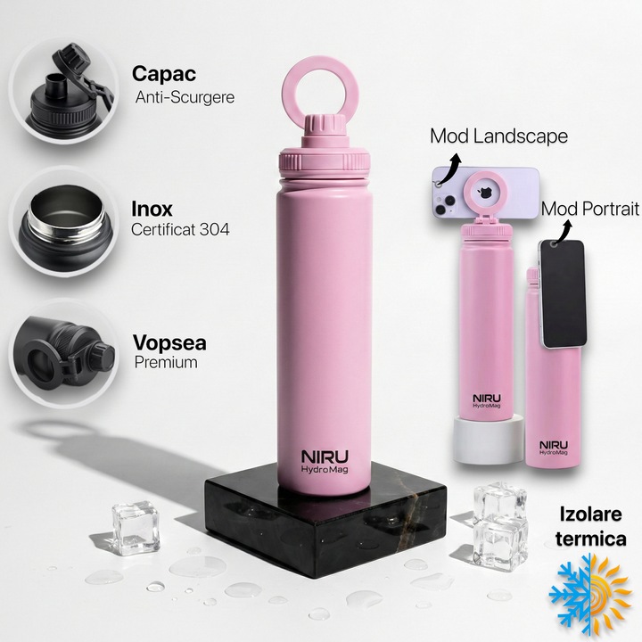 Sticla de apa portabila Niru HydroMag™ 750ML - din Inox Premium, cu suport magnetic MagSafe pentru telefon, Mentine Temperatura 24h cu Izolare Termica Vacuum, Anti-scurgere, BPA Free, pentru Fitness si Vlog, sport, sala, birou, cupholder, Roz