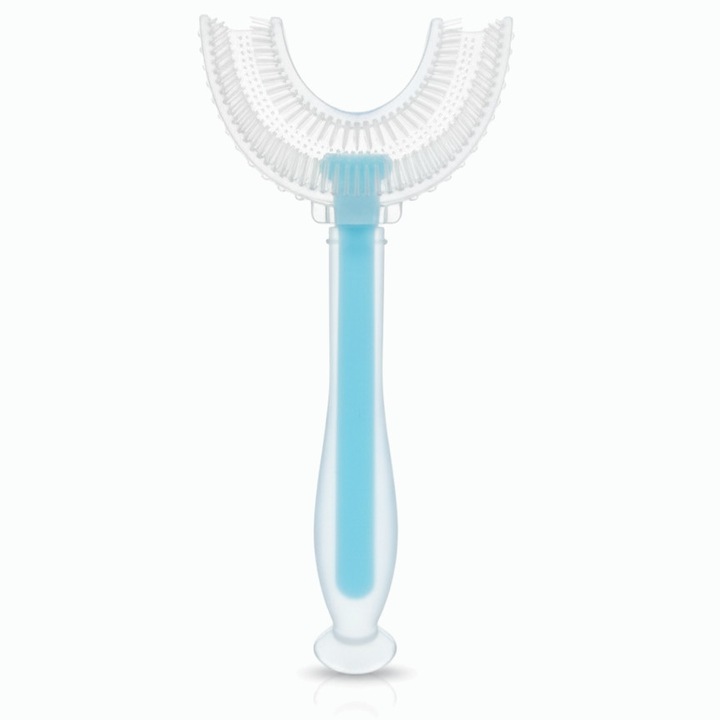 Periuță de dinți pentru copii Bocioland BL246, formă U, ventuză, silicon alimentar, Albastru