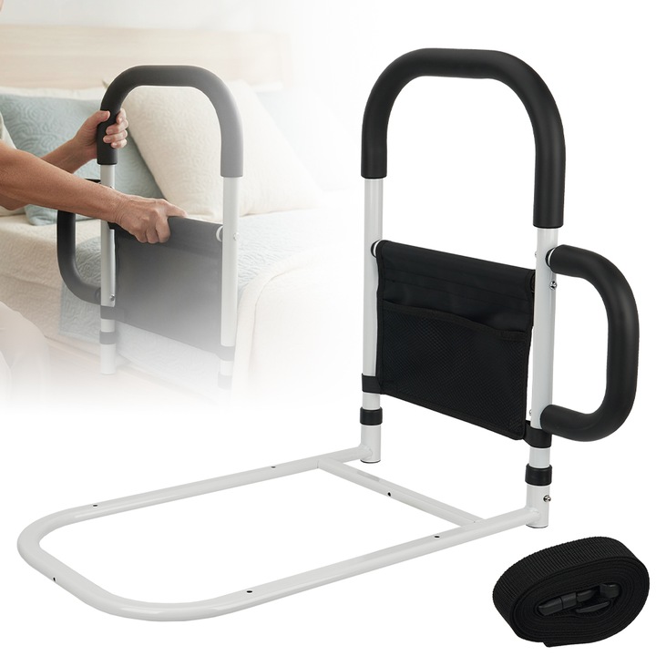 Suport pentru cotiera de langa pat, Bedee, cu maner si buzunar lateral, inaltime 50 cm, Suporta Pana la 160 Kg, Ajutor la intrarea in pat, cu 3.6m centura de siguranta, pentru varstnici si persoanele cu deficiente de mobilitate, Alb