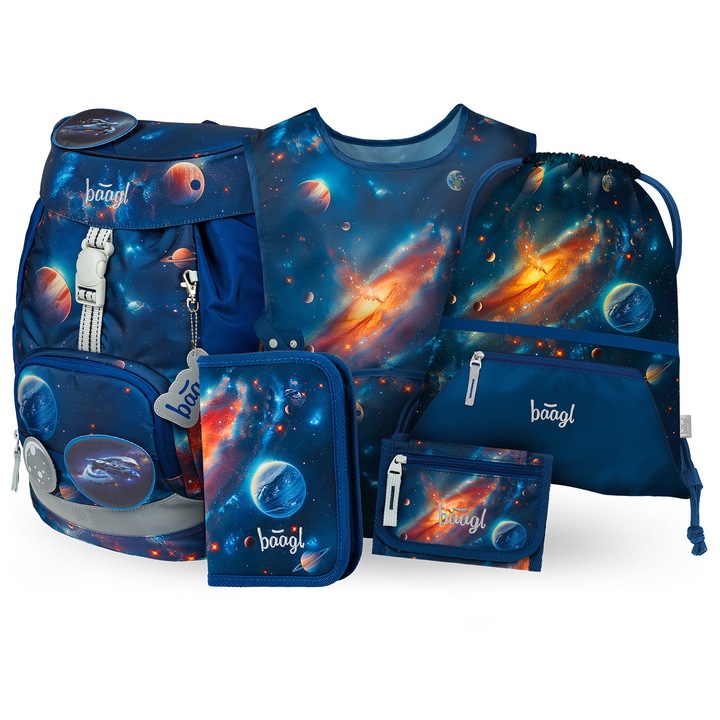 Set școlar Baagl Airy Univers II, rucsac ultraleger, trusă, sac pentru încălțăminte, sorted workshop, portofel de gât, multicolor, pentru copii 110-135 cm
