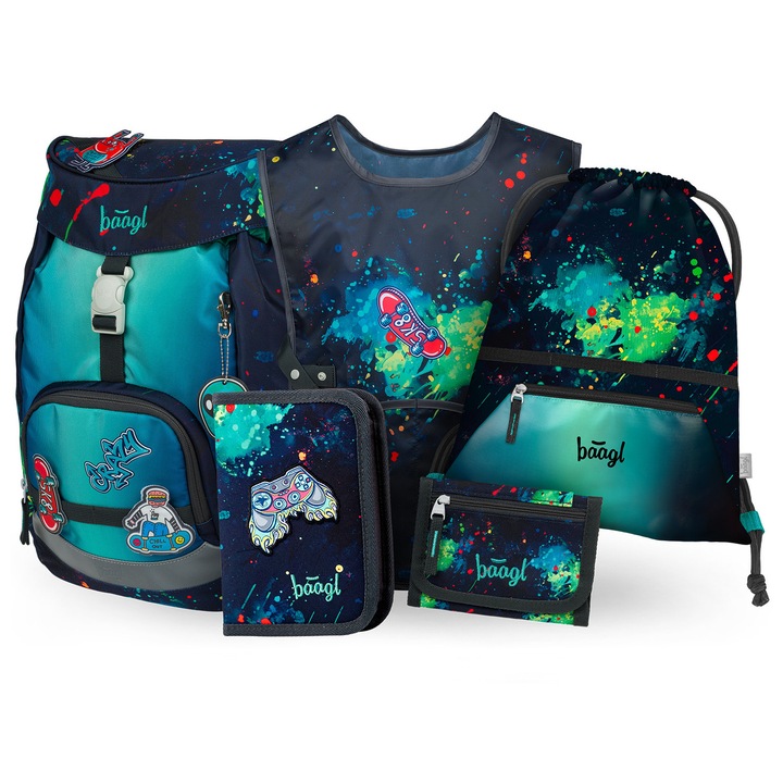 Set școlar Baagl Airy Chill II, rucsac ultra ușor, design ergonomic, multicolor