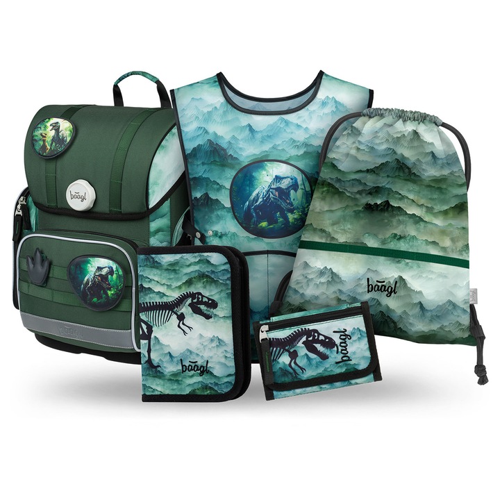 Set școlar Baagl Ergo Dino II, ghiozdan ergonomic, fund rigid, 39x27x17cm, 19L, portocalie