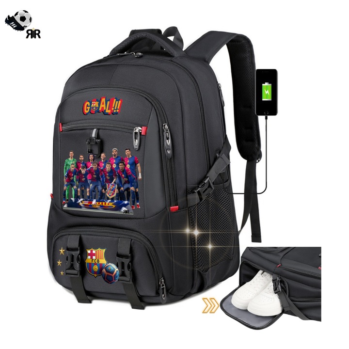 Ghiozdan sport Barcelona by RIR@, Compartiment incaltaminte, Rezistent, Impermeabil, Extensibil, 5+, 48x34x20cm