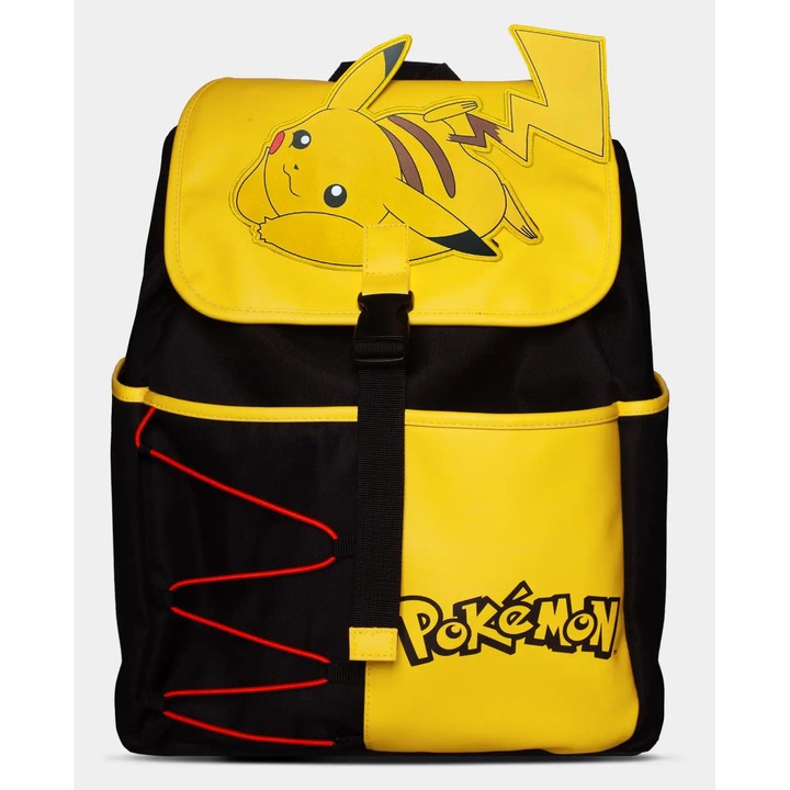 Iskolatáska Difuzed Pikachu, fekete-sárga, elülső zsebbel, nagy méret