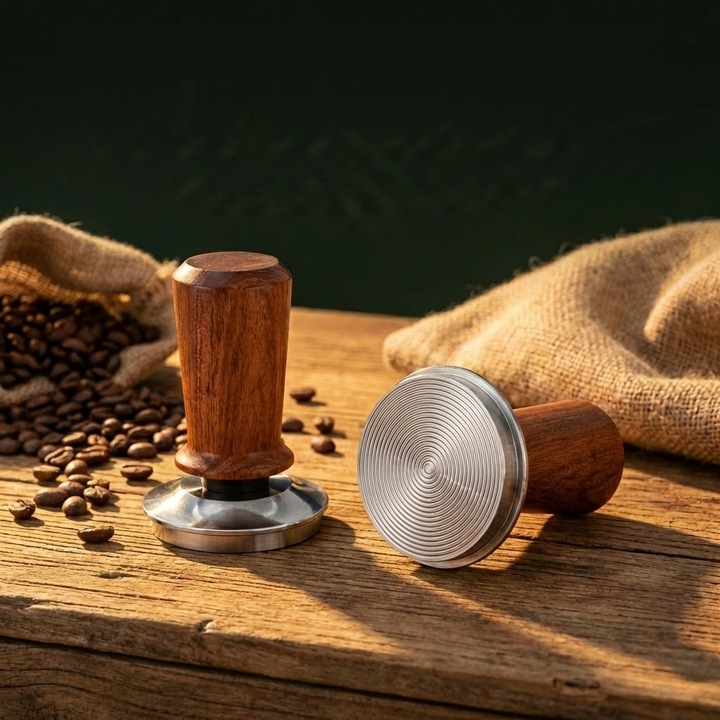 Tamper Espresso LEBLOU cu Presiune Constanta 30 LB si Auto-Nivelare: Baza Elicoidala din Inox 304, Maner Ergonomic din Lemn Masiv, Mecanism cu Arc pentru Tampare Uniforma, 53 mm