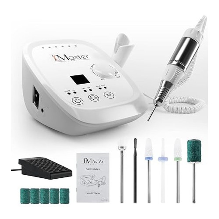 JCMaster Freza Profesionala pentru Unghii, max. 35.000 rpm, Pila Electrica cu Pedala pentru Picioare pentru Unghii cu Gel si Acril, Freza Electrica pentru Salon si Uz Casnic, Include 6 Capete (Alb)