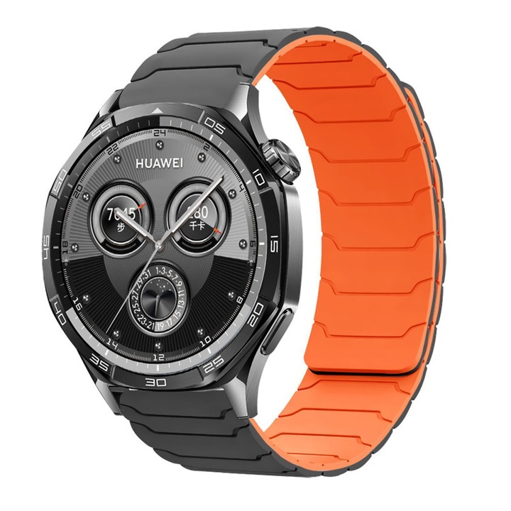 Curea Magnetica din Silicon pentru Huawei Watch GT/2/3/4/5/6, Samsung Galaxy Watch 3, Latime 22mm, Inchidere Magnetica, Ajustabila, Gri-Portocaliu