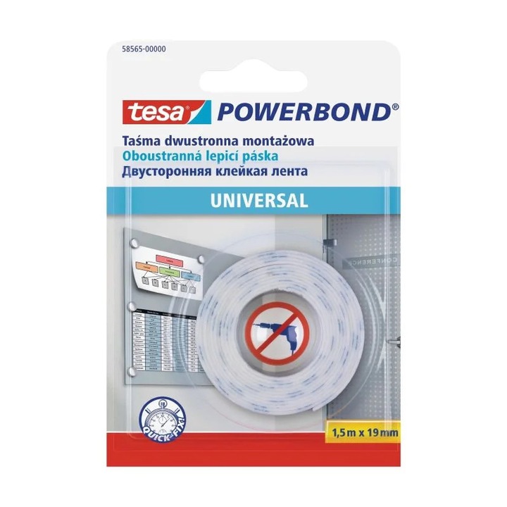 Banda dublu adezivă Tesa Powerbond, 19mm, 1.5m, alb