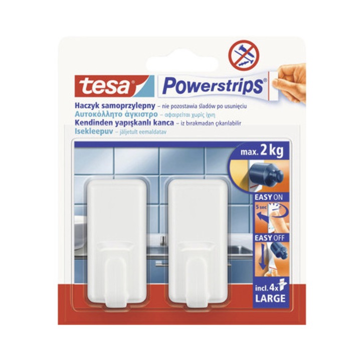 Carlige adezive Tesa Powerstrips Mari Classic, set 2 buc, alb, rezistenta 2 kg
