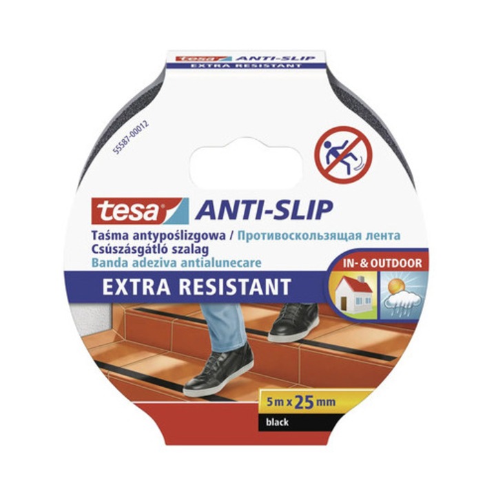Banda adezivă Tesa anti-alunecare, 5m x 25mm, neagră