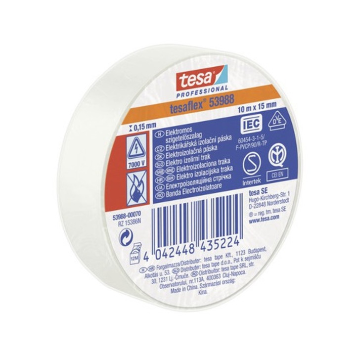 Bandă electroizolatoare Tesa 15mm x 10m, PVC, flexibilitate, alb