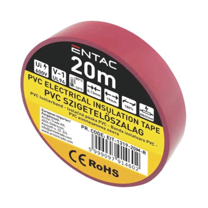 Banda izolatoare PVC Entac, 19mm x 20m, rosu