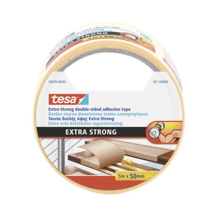 Banda adezivă Tesa Extra Strong 5m x 50mm, dublu adezivă, rezistență sporită