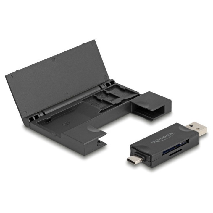 Cititor de carduri Delock, model 91014, SD & micro SD, USB/USB-C, 5Gbps, negru, dimensiuni 85x60x10mm, set complet