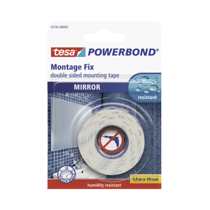 Banda adeziva Tesa Powerbond, alba, 19mm x 1, 5m, sustine oglinzi 70x70cm