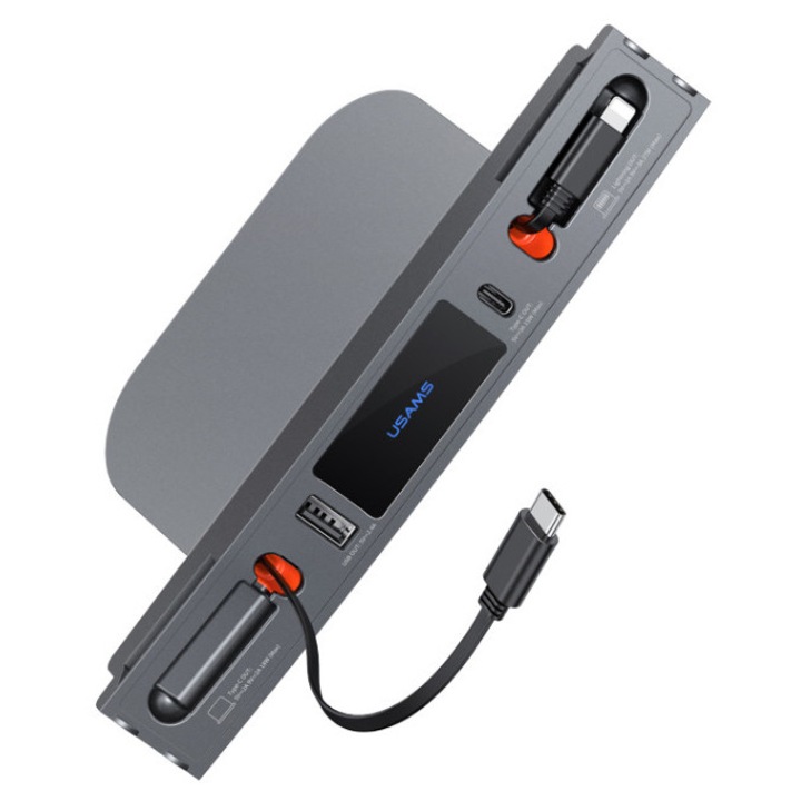 Incarcator auto USAMS US-SJ649 pentru Tesla (3/Y), 2 cabluri incluse, USB/USB-C, 60W, negru, dimensiuni 196x85x31mm