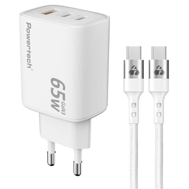 Incarcator Powertech, 3 iesiri 65W, GaN, alb, 89x44x31mm, cablu USB-C inclus