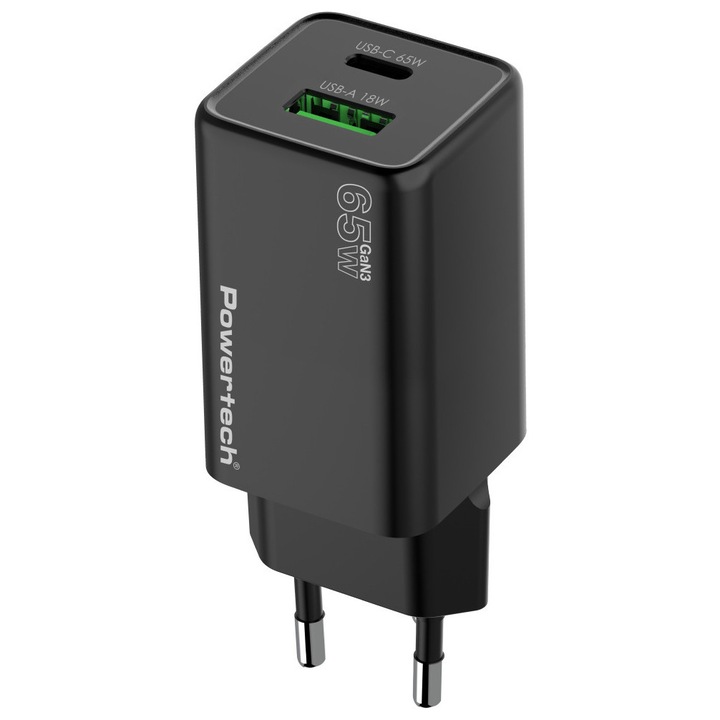Incarcator Powertech, model PT-1501, USB/USB-C, 65W, GaN, negru, dimensiuni 89.2x33.5x31.8mm