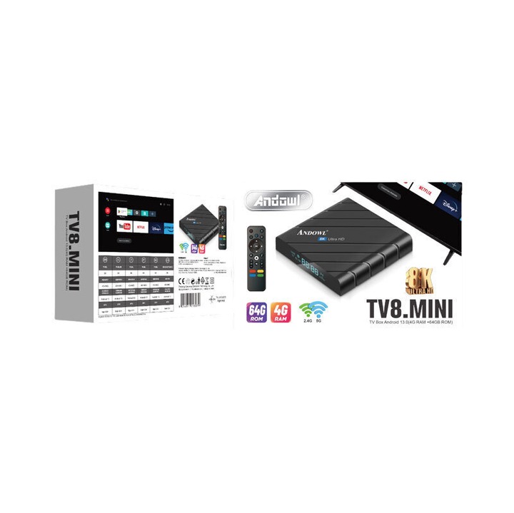 Mediaplayer TV Box set Andowl TV8 Mini, 8K UHD, Android 13.0, 4GB RAM, 64GB stoc, WiFi, Ethernet
