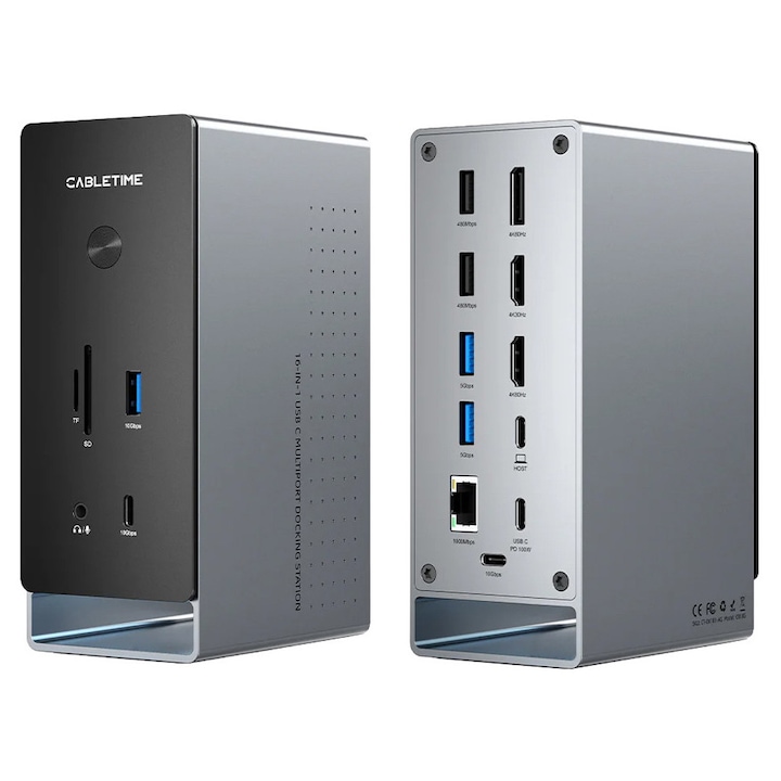Docking station CABLETIME CT-DK181-AG, 16 porturi, USB-C, 100W, 61.4x154x96mm, negru