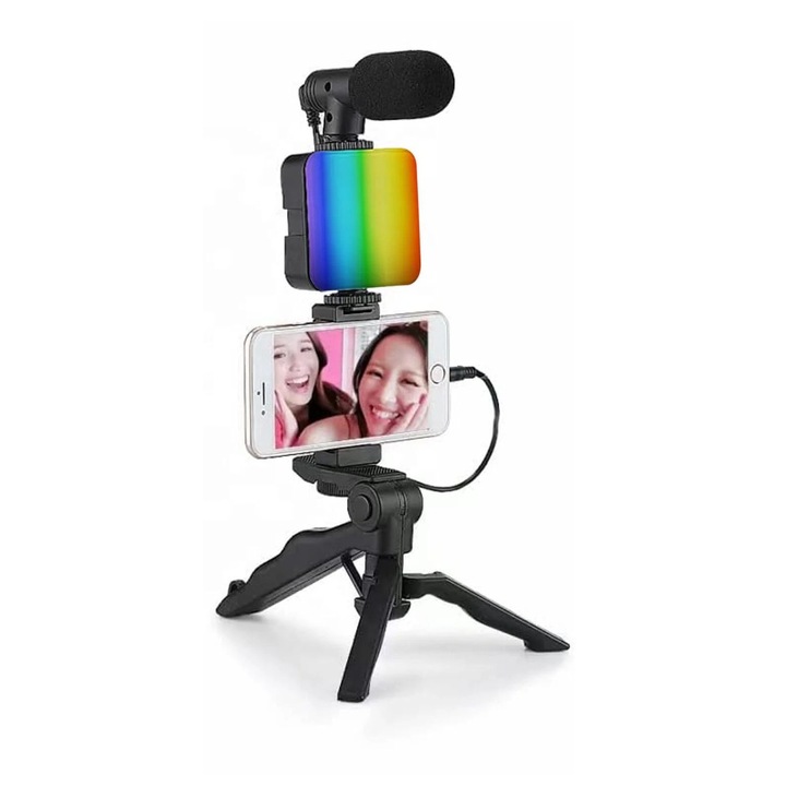 Set Live Streaming Vlogger AY-49RGB cu RGB LED, Microfon Condenser, 7.2x7.2cm, Negru