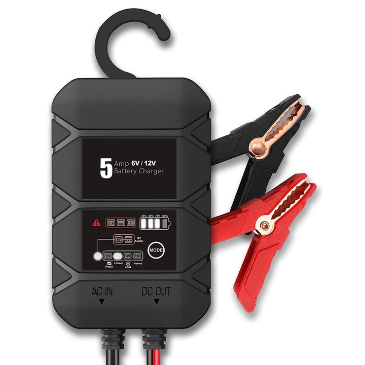 Incarcator auto BYGD S5000, 6V/2A 12V/5A, protectie IP65, dimensiuni 140.5x89x61mm