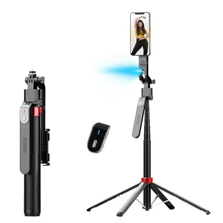 Selfie Stick Q185 cu Gimbal 360, extensibil pana la 180 cm, cu telecomanda Bluetooth