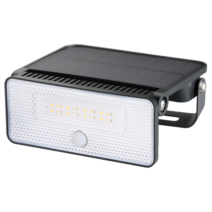 Lampa solara Powertech, model PT-1517, 8W, 1800mAh, senzor de miscare, IP54, 136x104.5x26mm, neagra