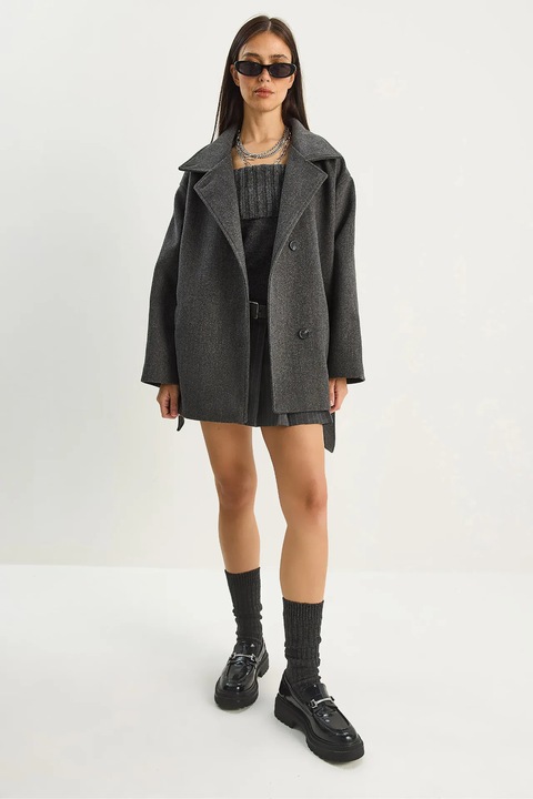 Palton midi, Bianco Lucci, Gri carbune, Bumbac