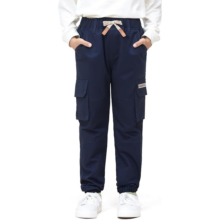 Pantaloni cargo pentru baieti, elastici la baza, 4 buzunare, albastri 152-158