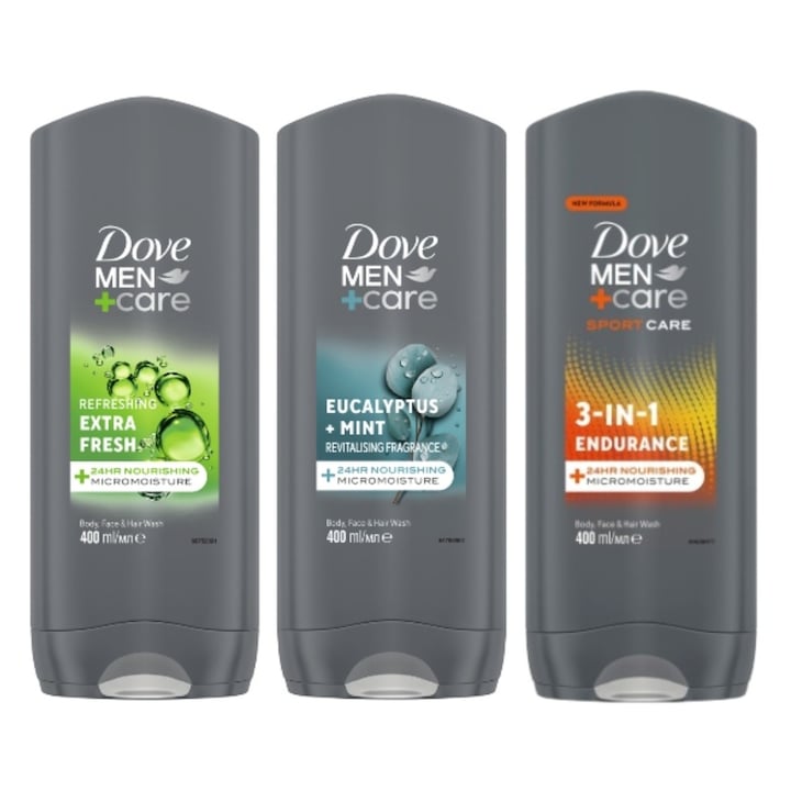 Set Dove Men+Care Gel de dus Extra Fresh, Gel de dus Eucalyptus, Gel de dus Sport 3 in 1 Endurance, 3 x 400 ml