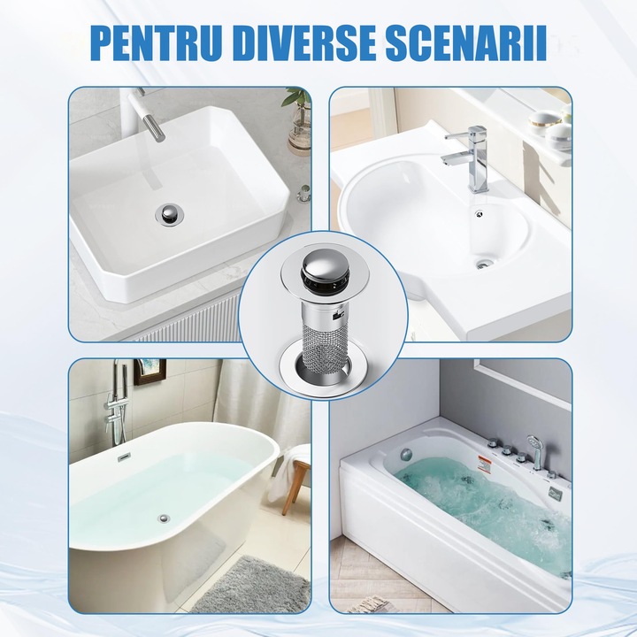 Вентил за мивка, Универсален филтър, за баня/кухня, Ефективен дренаж, Дизайн против запушване, Против миризми, Устойчив на течове и корозия, Лесен за почистване, неръждаема стомана (34-40 мм)