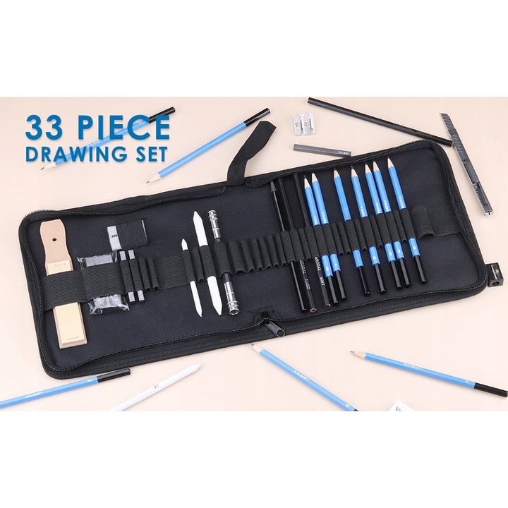 Комплект за скициране Kalour, 33 елемента, 12 графитни молива Premium, 6B Ултра меки, A5