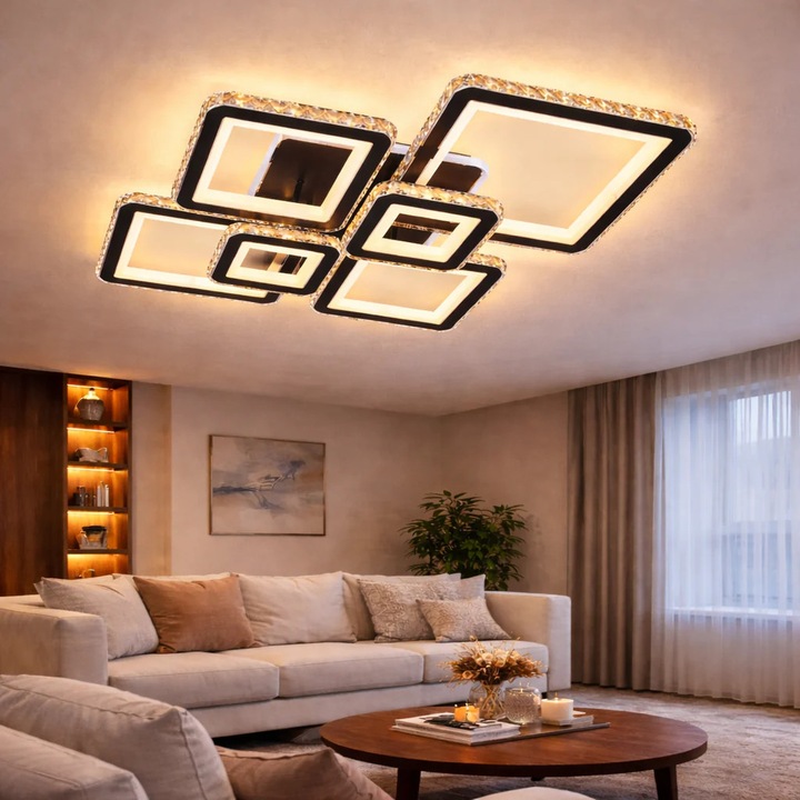 Lustra LED cu Telecomanda QUADRIS RGB, 177W, 90*70*12, Lumina Rece/Neutra/Calda, Dimabila, IP20, Negru, Alb, Acril, Cristal