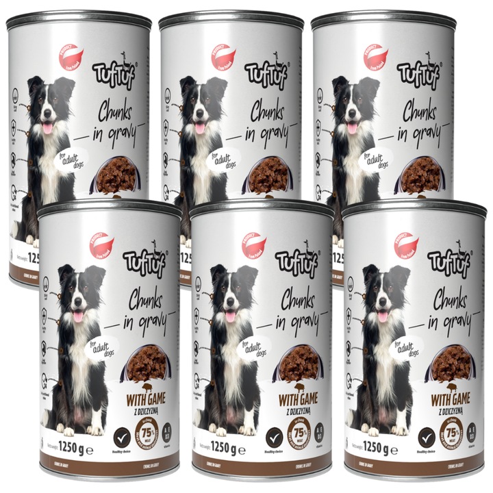 TufTuf nedves kutyaeledel szett, vadhús darabok, 6x1250g, minden méret, felnőtt