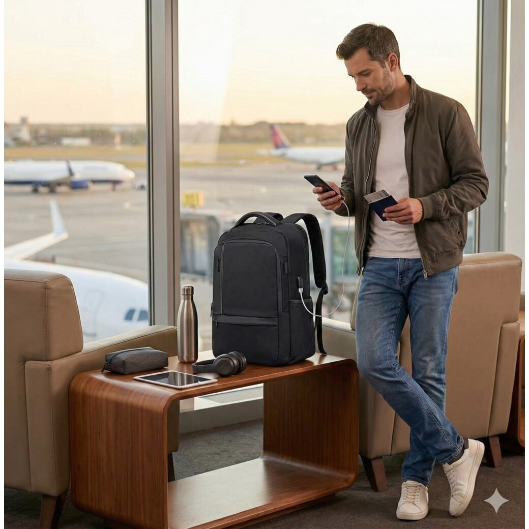 Rucsac laptop Bestbag 17 "3", impermeabil, cu USB, compartimente multiple, gri