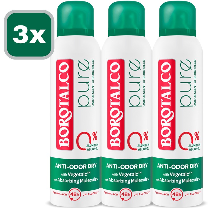 Pachet 3x Deodorant Spray Borotalco Pure Original, 150 ml
