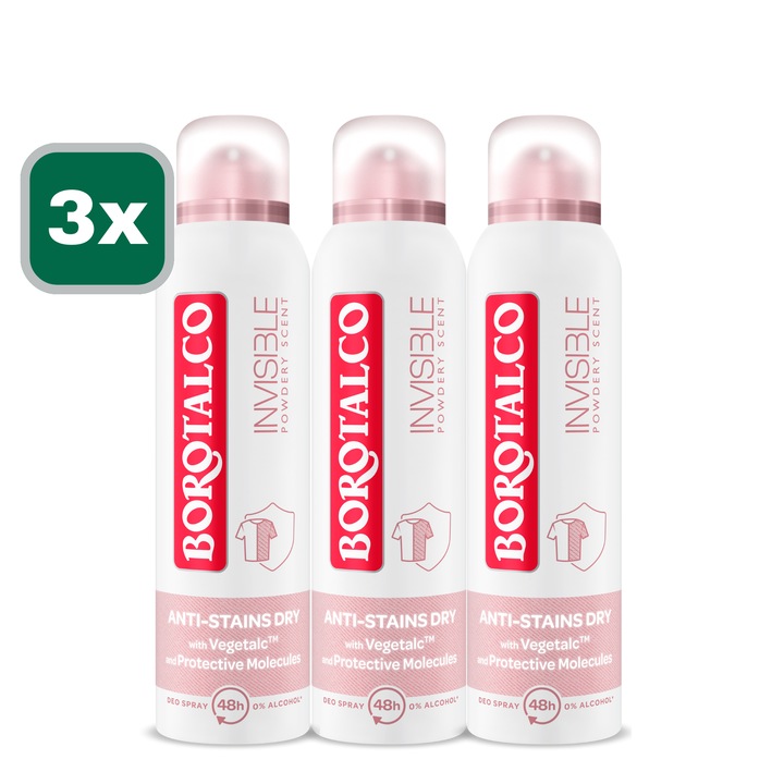 Дезодорант спрей Borotalco Invisible Pink, 3 броя x 150 мл
