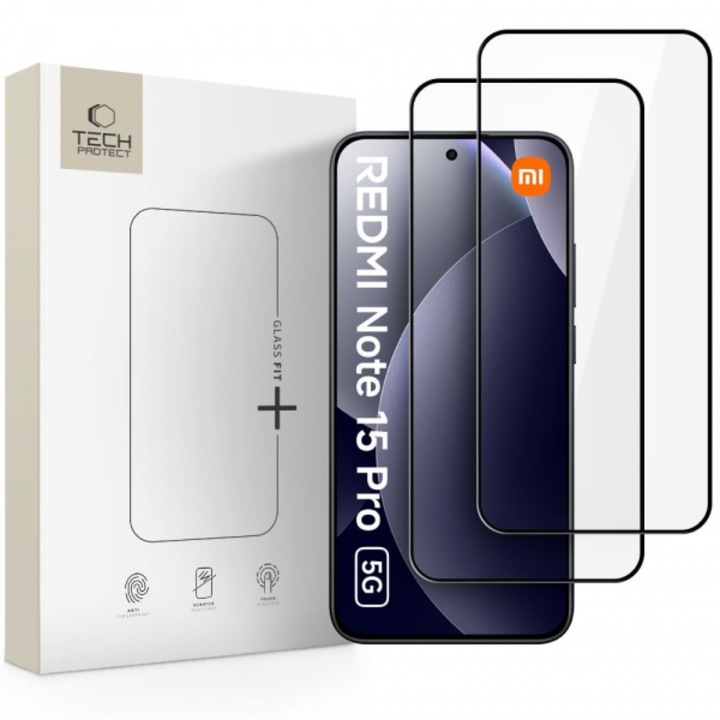Edzett üveg kijelzővédő Tech-Protect Glass Fit+ 2-PACK Xiaomi Redmi Note 15 Pro 5G készülékhez fekete
