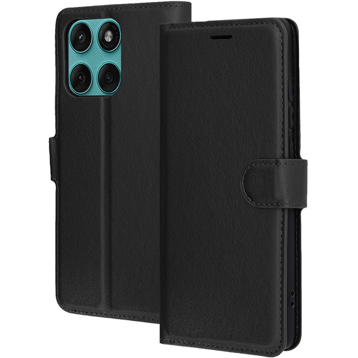 Husa pentru Motorola Edge 60 Fusion, Tip portofel, Vintage PU Leather, Inchidere cu capsa magnetica, Buzunare carduri, Compartiment bancnote, Decupaj difuzor apeluri, Acoperire 360, Functie stand, Protectie fata-spate, Piele ecologica, Negru