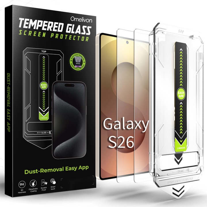 Set 2 Folii sticla compatibil cu Samsung Galaxy S26, Omelivon, Sticla temperata, Cu Kit de Aplicare Instanta si Functie Automata de Indepartare a Prafului, Duritate 9H, Advanced touch sensitivity, Ultra HD, Anti-amprente