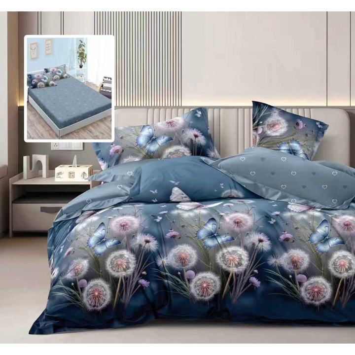 Lenjerie pat dublu Finet Gros 6 piese, NufJoy®, Cearceaf cu elastic universal pentru saltea 160x200 cm/180x200 cm, cearsaf pilota 200x230 cm, 2 fete perna 70x70 cm, 2 fete perna 50x70 cm, Topaz Spring