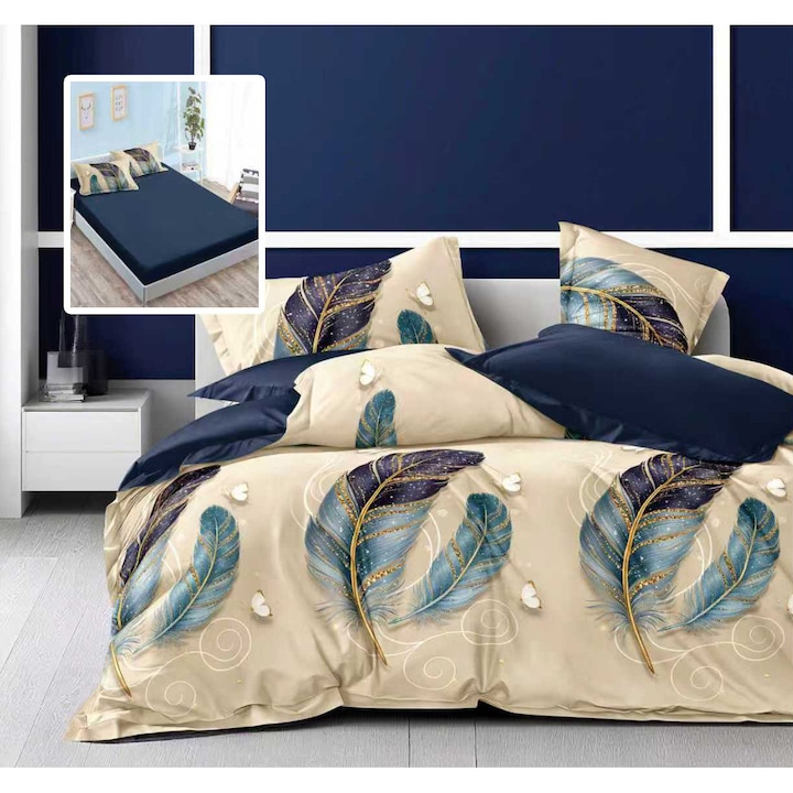 Lenjerie pat dublu Finet Gros 6 piese, NufJoy®, Cearceaf cu elastic universal pentru saltea 160x200 cm/180x200 cm, cearsaf pilota 200x230 cm, 2 fete perna 70x70 cm, 2 fete perna 50x70 cm, Magic Feathers