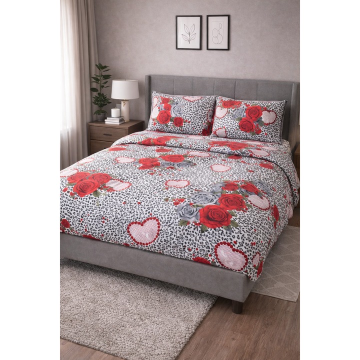 Lenjerie de Pat dublu, 4 piese, 200 x 240, imprimeu cu model inimioare si trandafiri, material deosebit