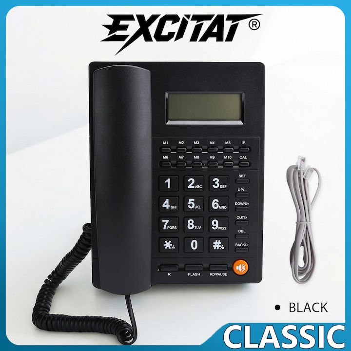 Telefon fix cu fir Excitat®, Telefon de Birou Clasic dotat cu Alarma, Volum Reglabil si Lumina LCD Reglabila, pentru Hotel, Birou, Receptie, Negru