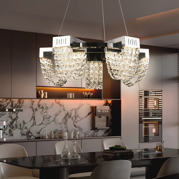 Candelabru Cristal LED 30W, CC370/500CH, 6xE14, Diametru 49, Inaltime Reglabila, Lumina Rece/Neutra/Calda, Dimabila, Argintiu