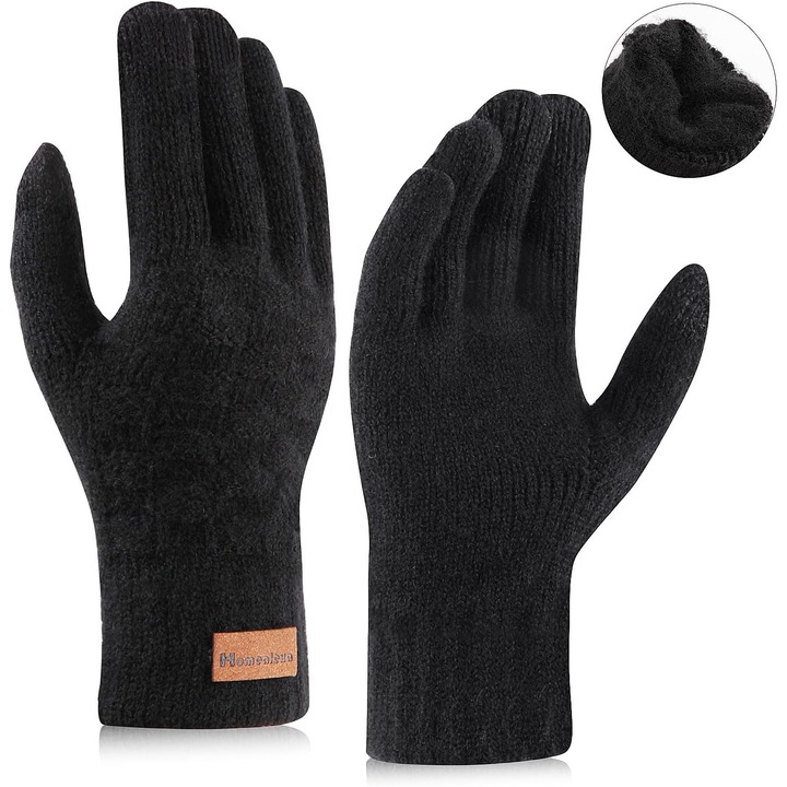 Manusi iarna tactile tricotate Homealexa ® negre unisex pentru ecran tactil, lana alpaca calduroase si rezistente la vant