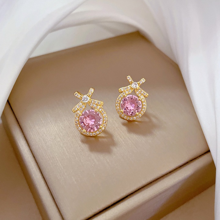 Cercei aurii cu zirconiu roz, forma cu fundita, inox hipoalergici