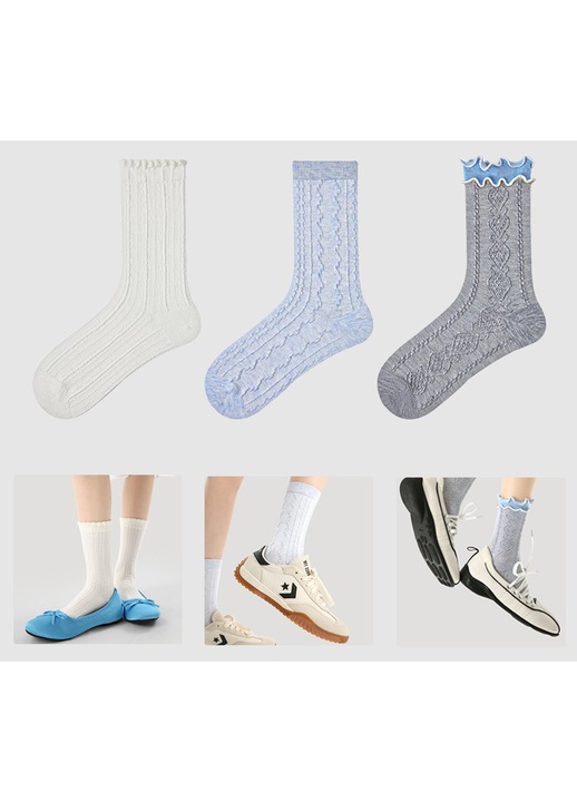 Комплект от 3 Чифта Къси Чорапи от Пениран Памук, Безшевни - 3 Модела (Жакард, Обемни, Райета), Изключителен Комфорт, за Офис и Свободно Време, Млади хора 18-40 години