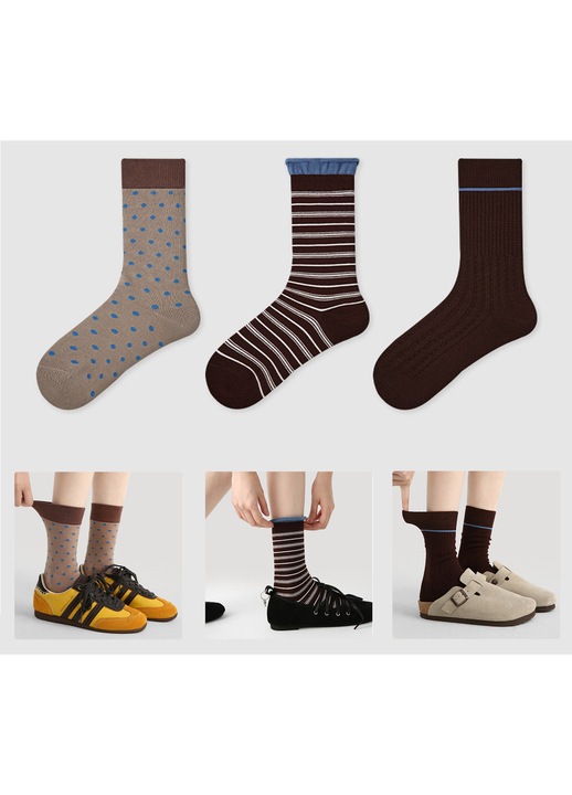 Комплект от 3 Чифта Чорапи до Средата на Прасеца за Момичета, Пениран Памук - 3 Модела (Точки, Райета, Текстура), Премиум Комфорт, за Ежедневен и Училищен Стил, Млади Жени 18-30 години